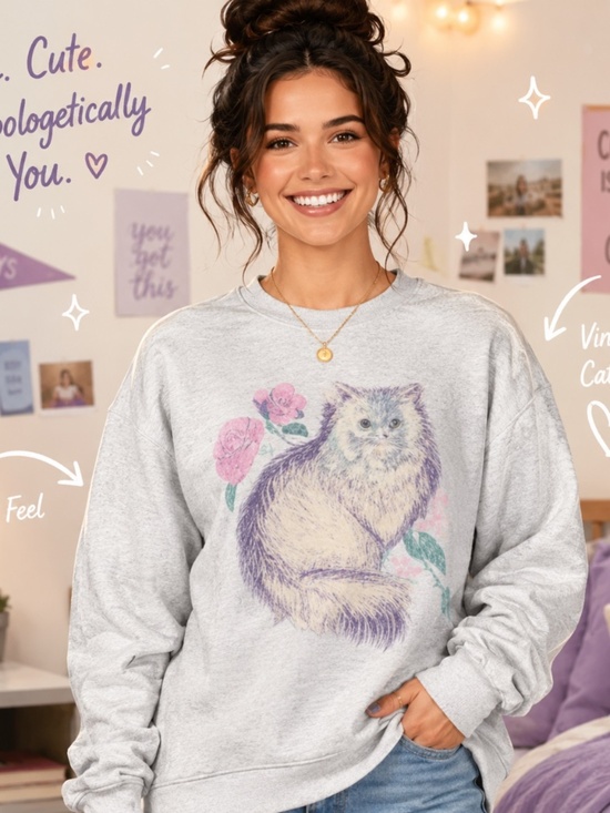 Tops - Vintage Cat Sweatshirt Gray Floral Kitten Graphic Grandmacore Cozy Y2K Coquette